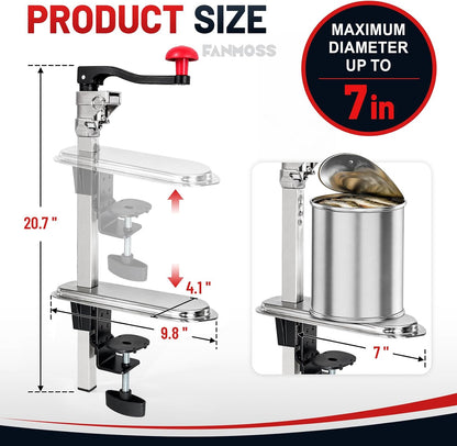 Commercial Can Opener, Manual Stainless Steel Table Can Openers, Industrial can opener for 10 cans Up to 11” Tall, Manual Can Opener with Plated Steel Base Stainless Steel Blade For Bars Hotel Kitchen