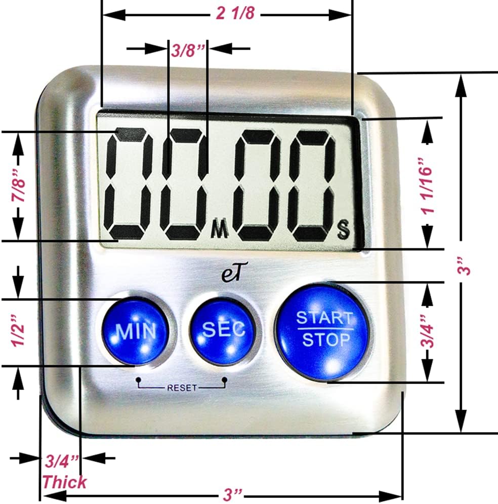 Elegant Digital Kitchen Timer Stainless Steel - Loud Alarm - Model Silver