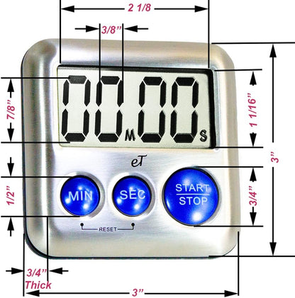 Elegant Digital Kitchen Timer Stainless Steel - Loud Alarm - Model Silver