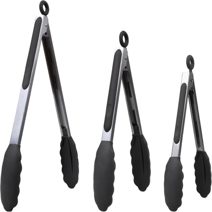 Kitchen Silicone Tongs for Cooking with Nonslip Silicone Tips, 600°F Heat Resistant Cooking Food Tong Set Heavy Duty Stainless Steel Handle for Baking Grilling Serving, 3 Pack (7" & 9" & 12")