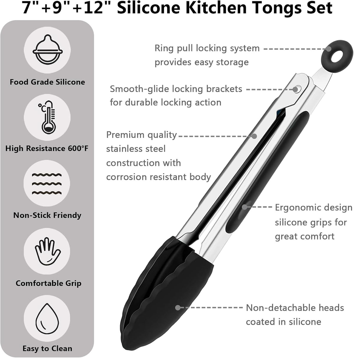 Kitchen Silicone Tongs for Cooking with Nonslip Silicone Tips, 600°F Heat Resistant Cooking Food Tong Set Heavy Duty Stainless Steel Handle for Baking Grilling Serving, 3 Pack (7" & 9" & 12")