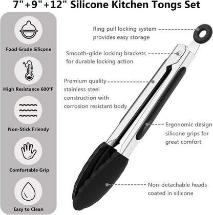 Kitchen Silicone Tongs for Cooking with Nonslip Silicone Tips, 600°F Heat Resistant Cooking Food Tong Set Heavy Duty Stainless Steel Handle for Baking Grilling Serving, 3 Pack (7" & 9" & 12")