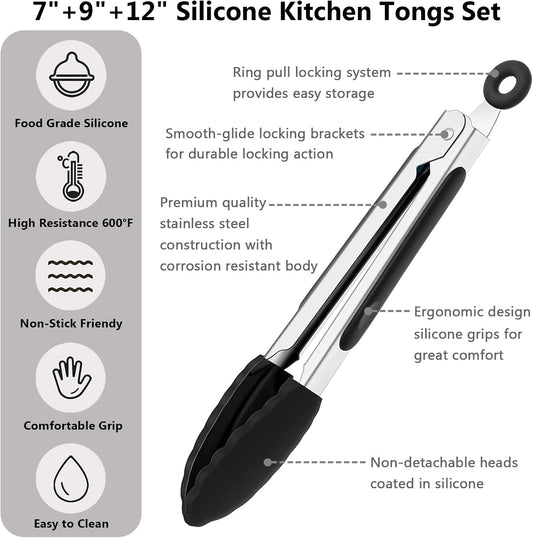 Kitchen Silicone Tongs for Cooking with Nonslip Silicone Tips, 600°F Heat Resistant Cooking Food Tong Set Heavy Duty Stainless Steel Handle for Baking Grilling Serving, 3 Pack (7" & 9" & 12")