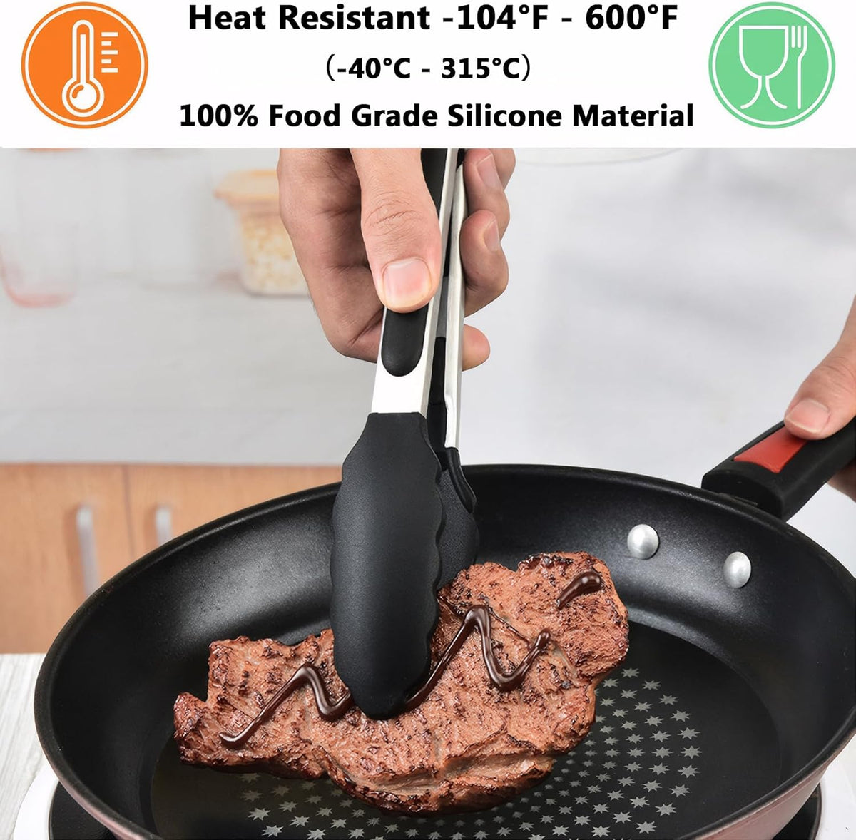 Kitchen Silicone Tongs for Cooking with Nonslip Silicone Tips, 600°F Heat Resistant Cooking Food Tong Set Heavy Duty Stainless Steel Handle for Baking Grilling Serving, 3 Pack (7" & 9" & 12")