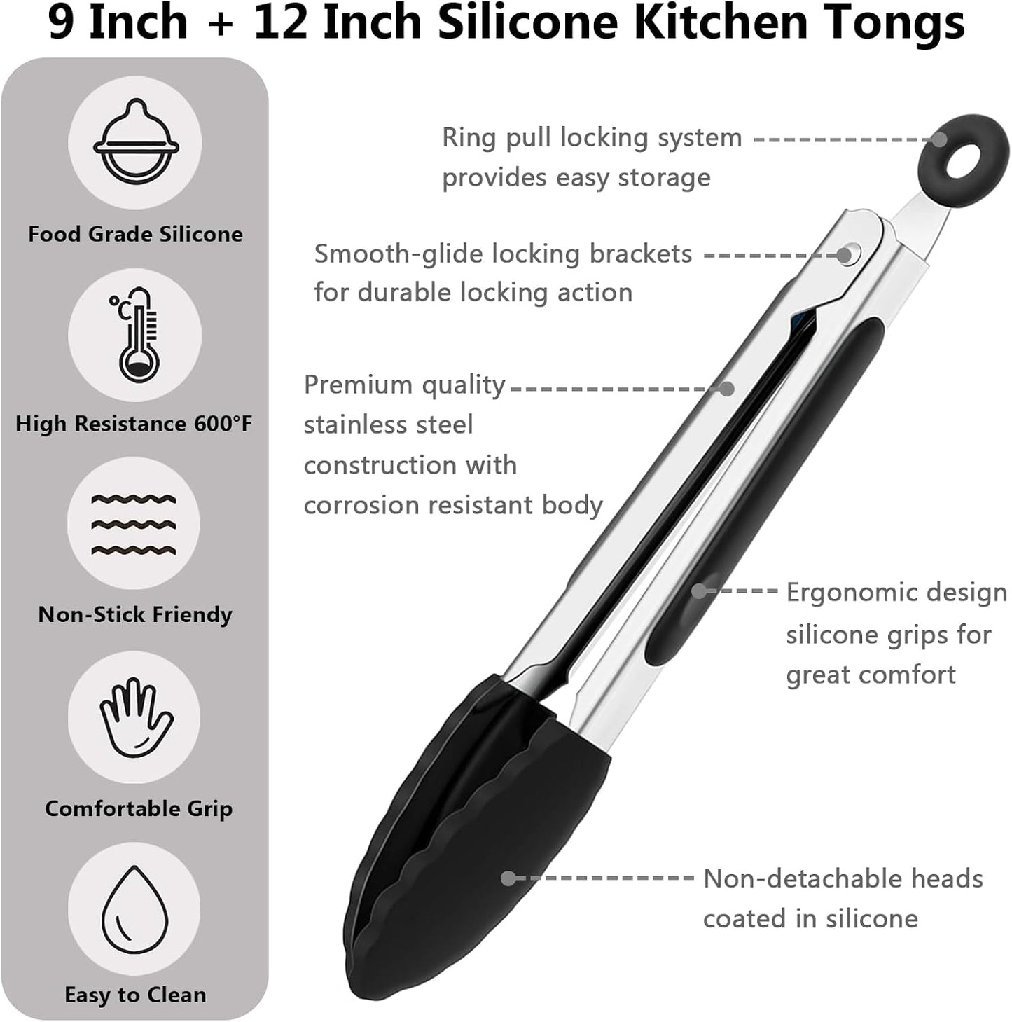 Kitchen Silicone Tongs for Cooking with Nonslip Silicone Tips, 600°F Heat Resistant Cooking Food Tong Set Heavy Duty Stainless Steel Handle for Baking Grilling Serving, 3 Pack (7" & 9" & 12")