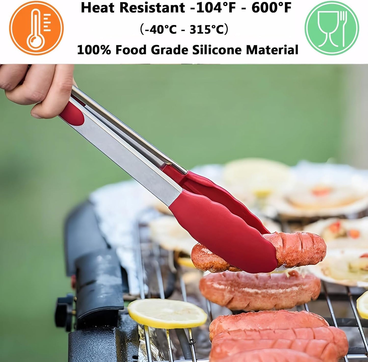 Kitchen Silicone Tongs for Cooking with Nonslip Silicone Tips, 600°F Heat Resistant Cooking Food Tong Set Heavy Duty Stainless Steel Handle for Baking Grilling Serving, 3 Pack (7" & 9" & 12")
