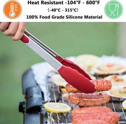Kitchen Silicone Tongs for Cooking with Nonslip Silicone Tips, 600°F Heat Resistant Cooking Food Tong Set Heavy Duty Stainless Steel Handle for Baking Grilling Serving, 3 Pack (7" & 9" & 12")
