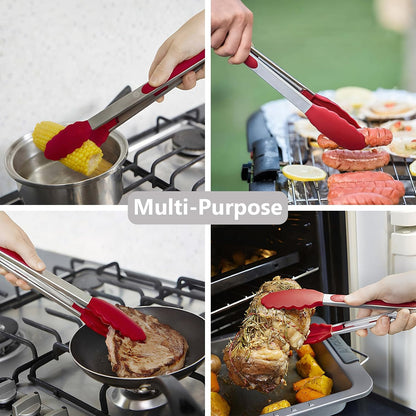 Kitchen Silicone Tongs for Cooking with Nonslip Silicone Tips, 600°F Heat Resistant Cooking Food Tong Set Heavy Duty Stainless Steel Handle for Baking Grilling Serving, 3 Pack (7" & 9" & 12")