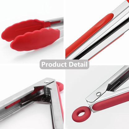Kitchen Silicone Tongs for Cooking with Nonslip Silicone Tips, 600°F Heat Resistant Cooking Food Tong Set Heavy Duty Stainless Steel Handle for Baking Grilling Serving, 3 Pack (7" & 9" & 12")