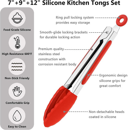 Kitchen Silicone Tongs for Cooking with Nonslip Silicone Tips, 600°F Heat Resistant Cooking Food Tong Set Heavy Duty Stainless Steel Handle for Baking Grilling Serving, 3 Pack (7" & 9" & 12")