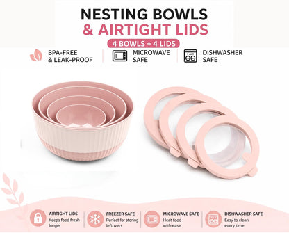 Mixing Bowls with Lids, 8-Piece Airtight Leak-Proof Nesting BPA-Free Prep Bowl Set for Kitchen & Food Storage, Large 4200ml Capacity, Microwave & Dishwasher Safe