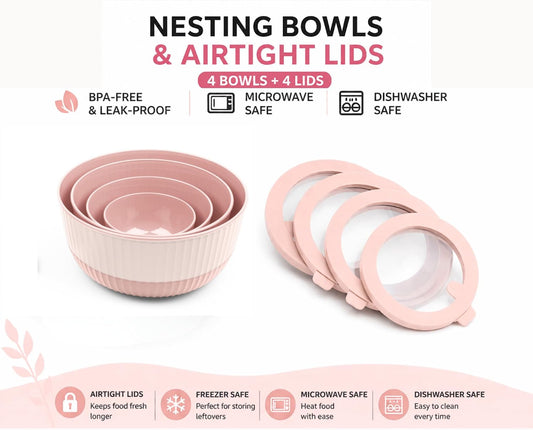 Mixing Bowls with Lids, 8-Piece Airtight Leak-Proof Nesting BPA-Free Prep Bowl Set for Kitchen & Food Storage, Large 4200ml Capacity, Microwave & Dishwasher Safe
