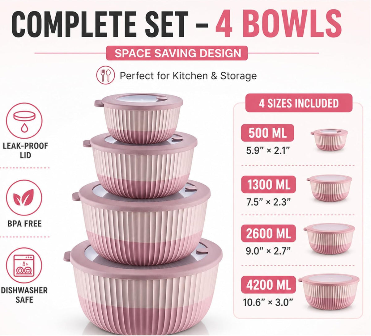 Mixing Bowls with Lids, 8-Piece Airtight Leak-Proof Nesting BPA-Free Prep Bowl Set for Kitchen & Food Storage, Large 4200ml Capacity, Microwave & Dishwasher Safe