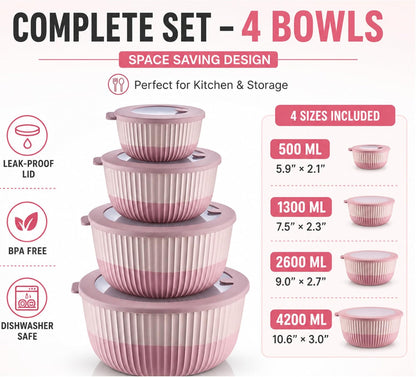 Mixing Bowls with Lids, 8-Piece Airtight Leak-Proof Nesting BPA-Free Prep Bowl Set for Kitchen & Food Storage, Large 4200ml Capacity, Microwave & Dishwasher Safe