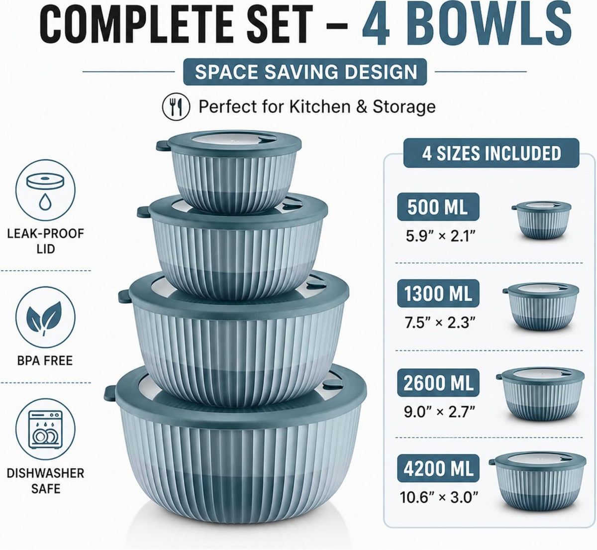 Mixing Bowls with Lids, 8-Piece Airtight Leak-Proof Nesting BPA-Free Prep Bowl Set for Kitchen & Food Storage, Large 4200ml Capacity, Microwave & Dishwasher Safe
