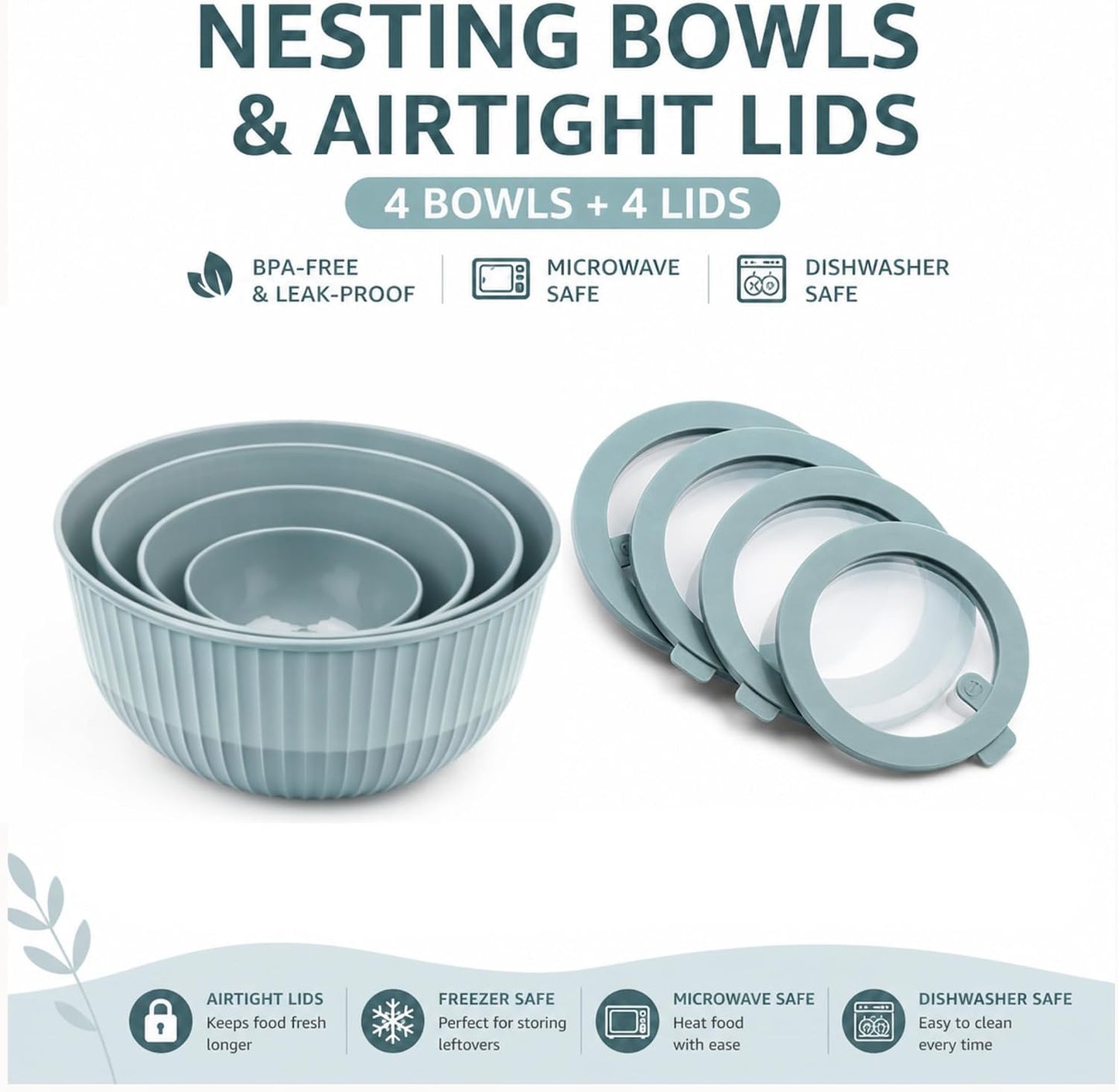 Mixing Bowls with Lids, 8-Piece Airtight Leak-Proof Nesting BPA-Free Prep Bowl Set for Kitchen & Food Storage, Large 4200ml Capacity, Microwave & Dishwasher Safe