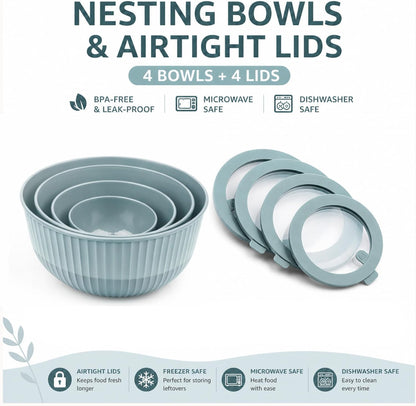 Mixing Bowls with Lids, 8-Piece Airtight Leak-Proof Nesting BPA-Free Prep Bowl Set for Kitchen & Food Storage, Large 4200ml Capacity, Microwave & Dishwasher Safe