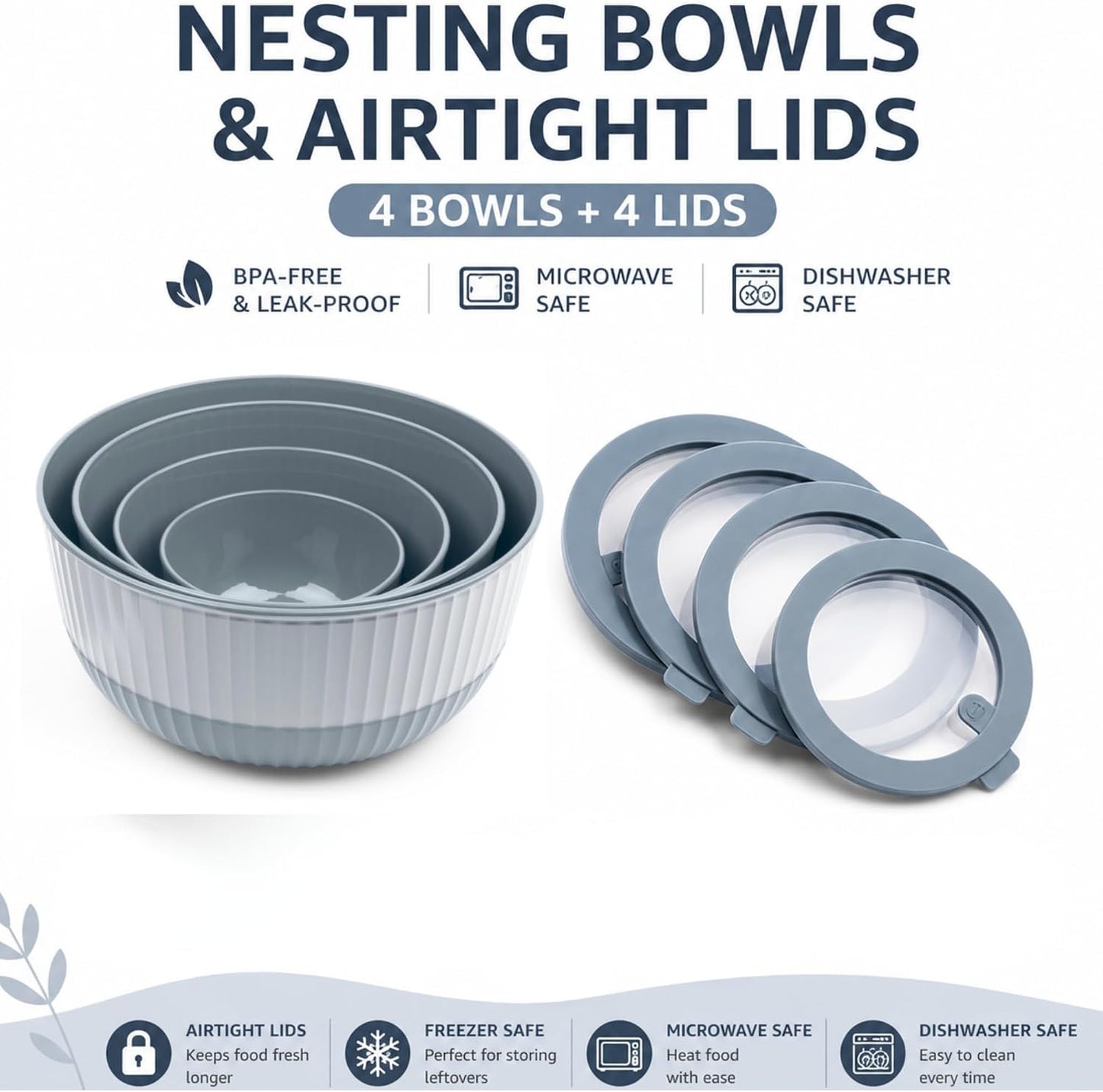 Mixing Bowls with Lids, 8-Piece Airtight Leak-Proof Nesting BPA-Free Prep Bowl Set for Kitchen & Food Storage, Large 4200ml Capacity, Microwave & Dishwasher Safe