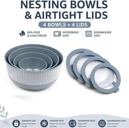 Mixing Bowls with Lids, 8-Piece Airtight Leak-Proof Nesting BPA-Free Prep Bowl Set for Kitchen & Food Storage, Large 4200ml Capacity, Microwave & Dishwasher Safe