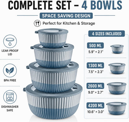 Mixing Bowls with Lids, 8-Piece Airtight Leak-Proof Nesting BPA-Free Prep Bowl Set for Kitchen & Food Storage, Large 4200ml Capacity, Microwave & Dishwasher Safe