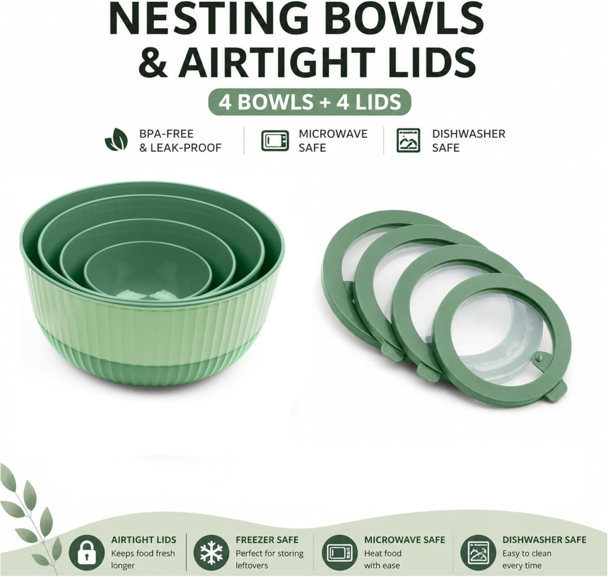 Mixing Bowls with Lids, 8-Piece Airtight Leak-Proof Nesting BPA-Free Prep Bowl Set for Kitchen & Food Storage, Large 4200ml Capacity, Microwave & Dishwasher Safe