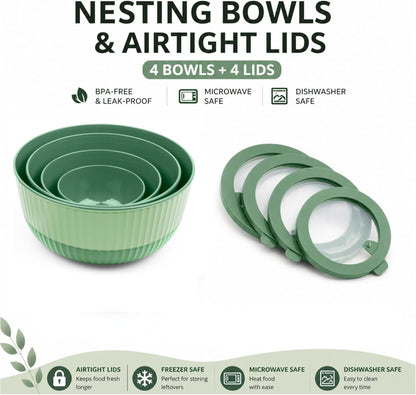 Mixing Bowls with Lids, 8-Piece Airtight Leak-Proof Nesting BPA-Free Prep Bowl Set for Kitchen & Food Storage, Large 4200ml Capacity, Microwave & Dishwasher Safe