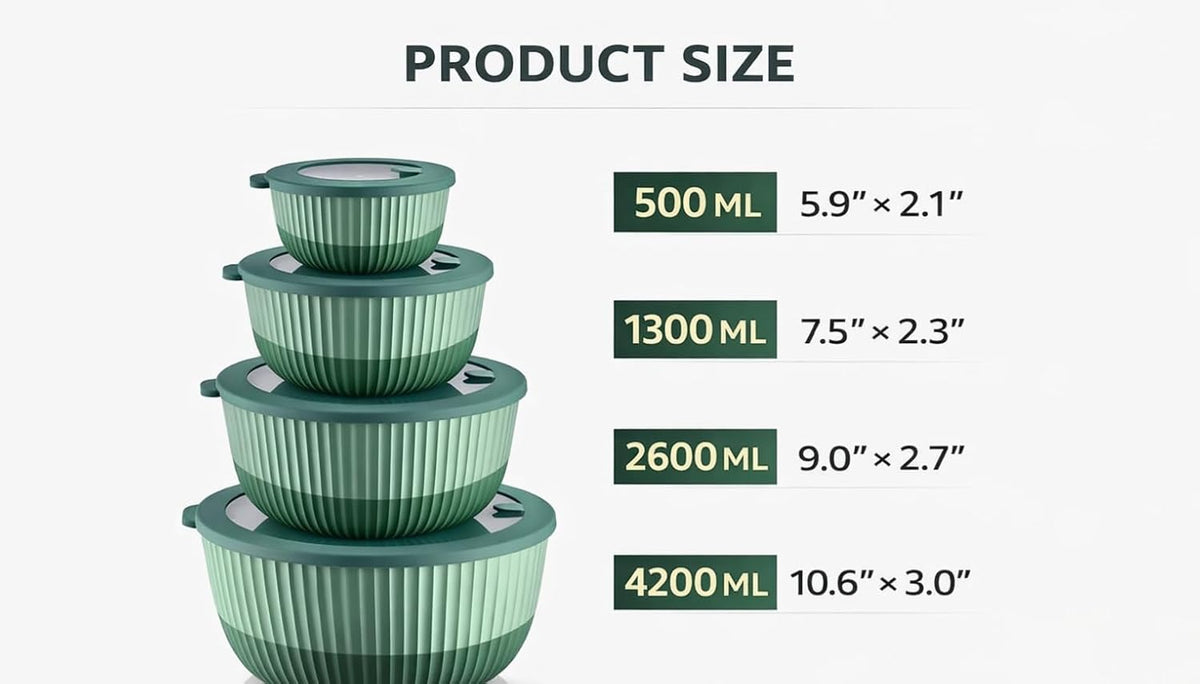 Mixing Bowls with Lids, 8-Piece Airtight Leak-Proof Nesting BPA-Free Prep Bowl Set for Kitchen & Food Storage, Large 4200ml Capacity, Microwave & Dishwasher Safe