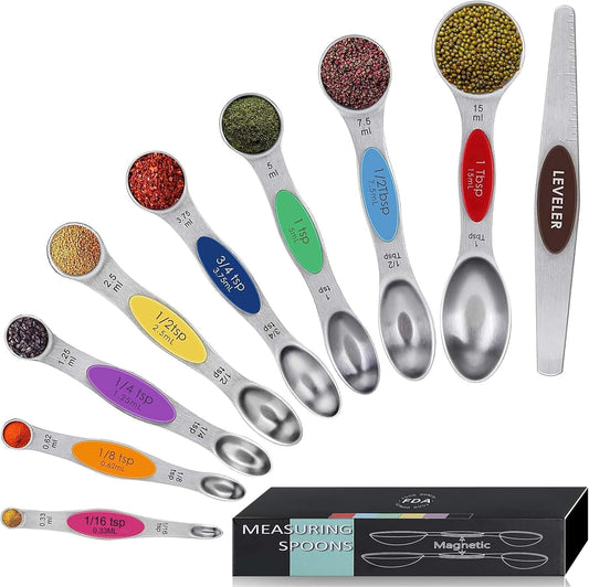 Magnetic Measuring Spoons Set,Heavy Duty Stainless Steel,Dual Sided Stackable Measuring Spoons Nesting Teaspoons Tablespoons for Measuring Dry and Liquid Ingredients,Set of 9 (Colorful)