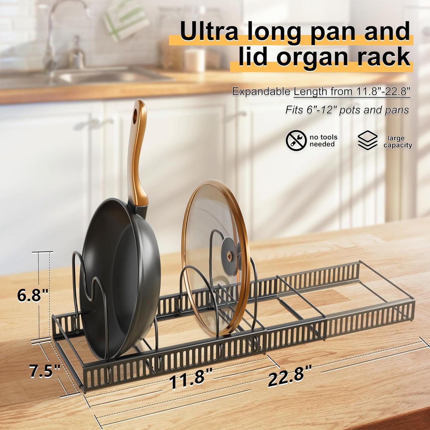 Pots and Pans Organizer Rack for Under Cabinet Expandable Pot Lid holders inside Organizer 10 Adjustable Divider Pan organizer 11.81''-22.85'' Pan lid organizer for cabinet Organizer for Bakeware