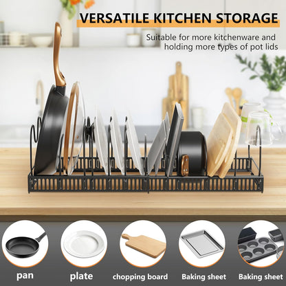 Pots and Pans Organizer Rack for Under Cabinet Expandable Pot Lid holders inside Organizer 10 Adjustable Divider Pan organizer 11.81''-22.85'' Pan lid organizer for cabinet Organizer for Bakeware