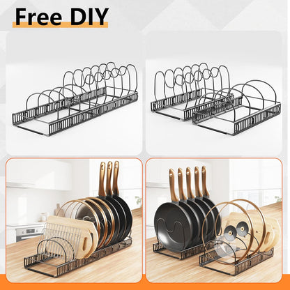 Pots and Pans Organizer Rack for Under Cabinet Expandable Pot Lid holders inside Organizer 10 Adjustable Divider Pan organizer 11.81''-22.85'' Pan lid organizer for cabinet Organizer for Bakeware