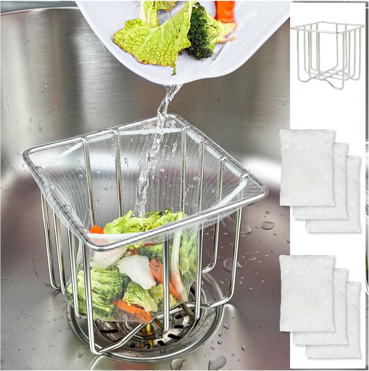 Kitchen Sink Strainer with Sink Basket Holder and 300 Strainer Net Bags,Food Catcher with drain filter Mesh bag,Meshmate Waste Rack Trash Catcher for Leftovers.