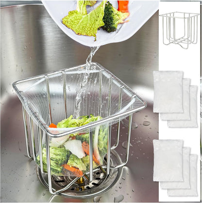 Kitchen Sink Strainer with Sink Basket Holder and 300 Strainer Net Bags,Food Catcher with drain filter Mesh bag,Meshmate Waste Rack Trash Catcher for Leftovers.