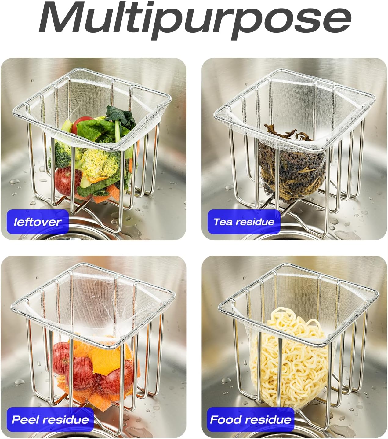 Kitchen Sink Strainer with Sink Basket Holder and 300 Strainer Net Bags,Food Catcher with drain filter Mesh bag,Meshmate Waste Rack Trash Catcher for Leftovers.