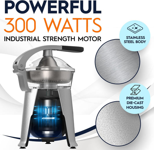 Die Cast Stainless Steel Electric Citrus Juicer Squeezer, for Orange, Lemon, Grapefruit | 300 Watts of Power, With 2 Stainless Steel Filter Sizes for Pulp Control