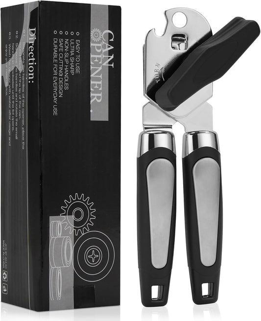 Manual Can Opener with Stainless Steel Sharp Blade, 3-in-1 Multifunction Handheld Can Opener and Bottle Opener, Soft Ergonomic Cushioned Handle