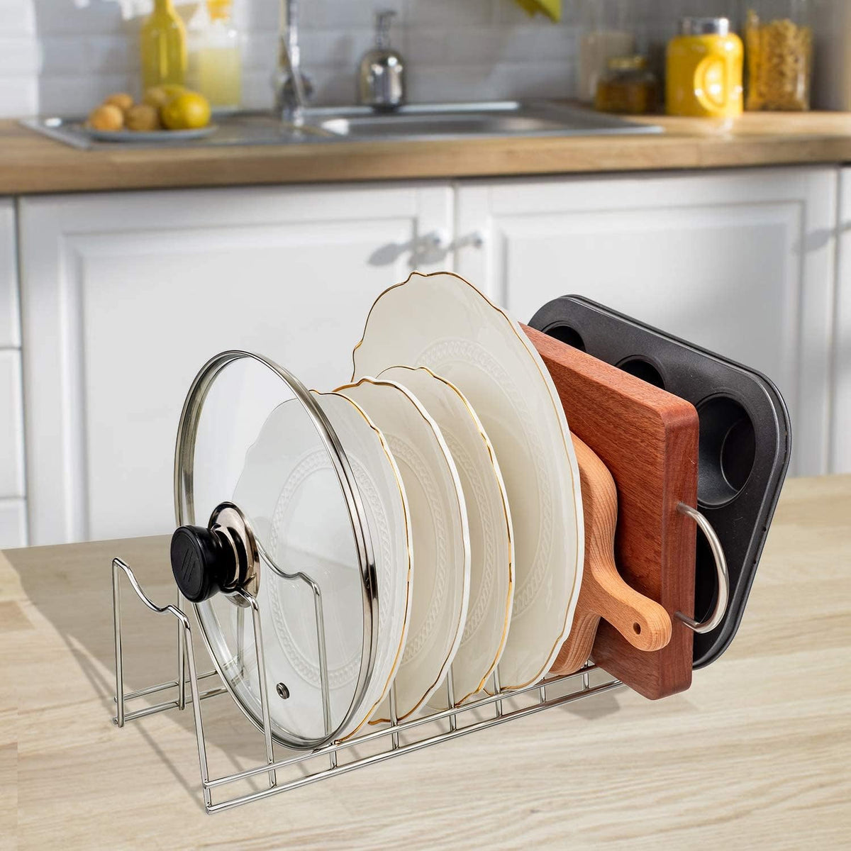 Pot Lid Holder, Stainless Steel Kitchen Organizer Rack Rest, Storage Cutting Boards, Bakeware, Pots & Pans, Serving Trays, Reusable Containers in Cabinet Pantry on Countertop