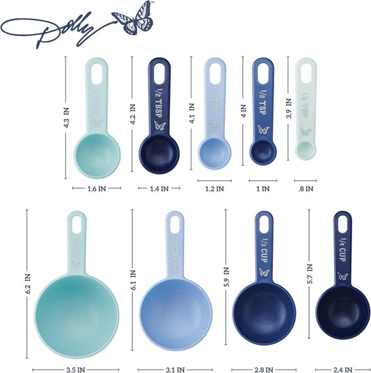 Measuring Cups and Spoons Set, Blue with Butterfly Accents, Easy-Read Markings, Nesting Design with Ring, 1/4 tsp to 1 Cup, Baking and Cooking Essential, 9 Piece
