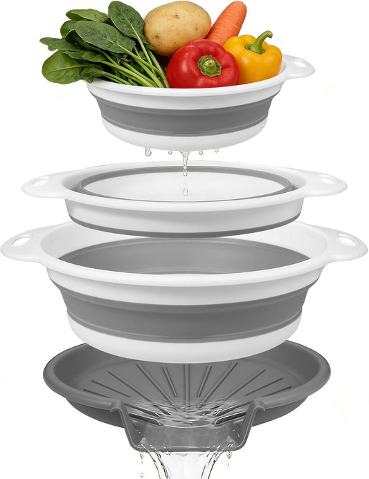 Collapsible Colander Set & Food Strainer for Kitchen, 4 in 1 Kitchen Gadget Strainer with Draining Tray for Pasta Noodle Fruit & Vegetable, 1 Pack