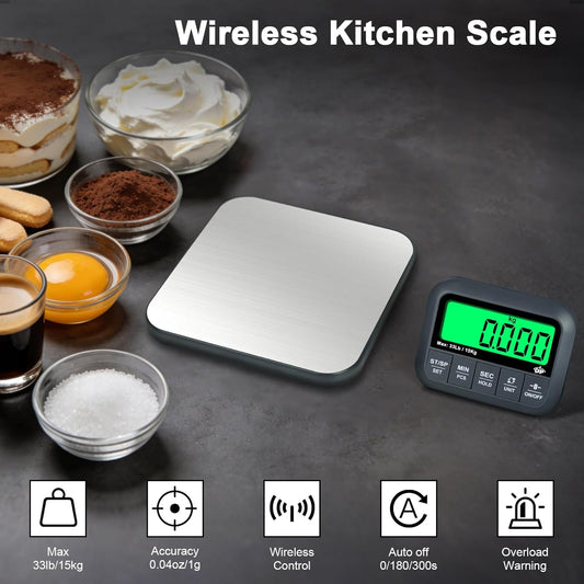 Wireless Food Scale, 33lb/0.04oz Digital Kitchen Scale, Meat Scale with Timer Function, 9 Units, Tare/Hold/PCS Function, Auto Off, LCD Display, Digital Food Scale for Cooking, Baking, Postage