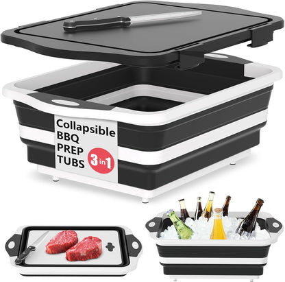 HI NINGER BBQ Prep Tub with Lid, Collapsible Camping Sink with Colander