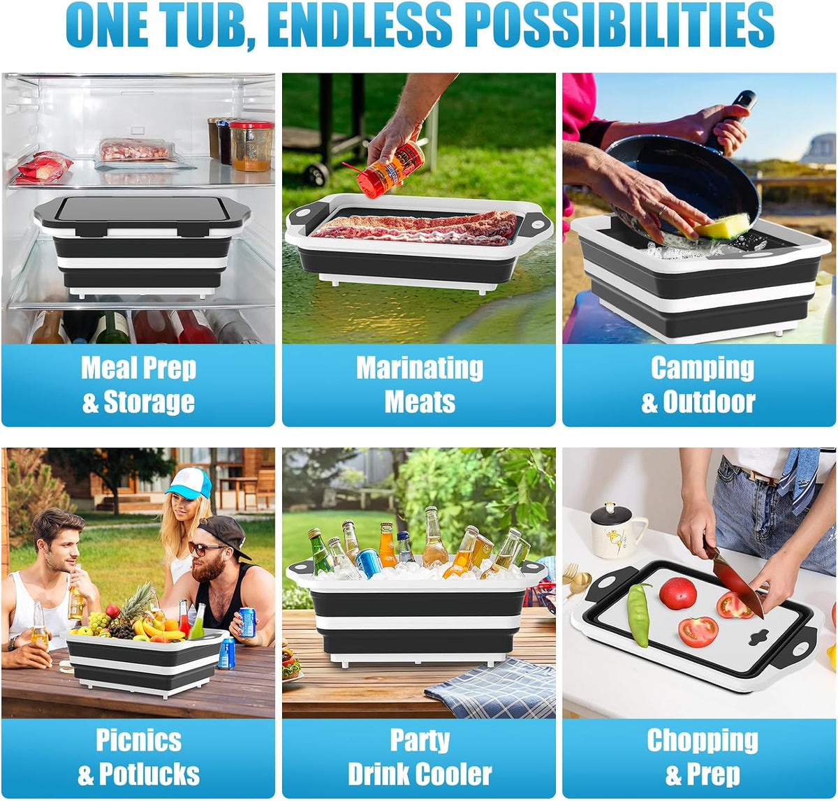 HI NINGER BBQ Prep Tub with Lid, Collapsible Camping Sink with Colander