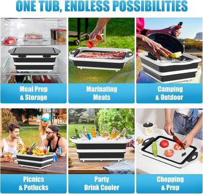 HI NINGER BBQ Prep Tub with Lid, Collapsible Camping Sink with Colander