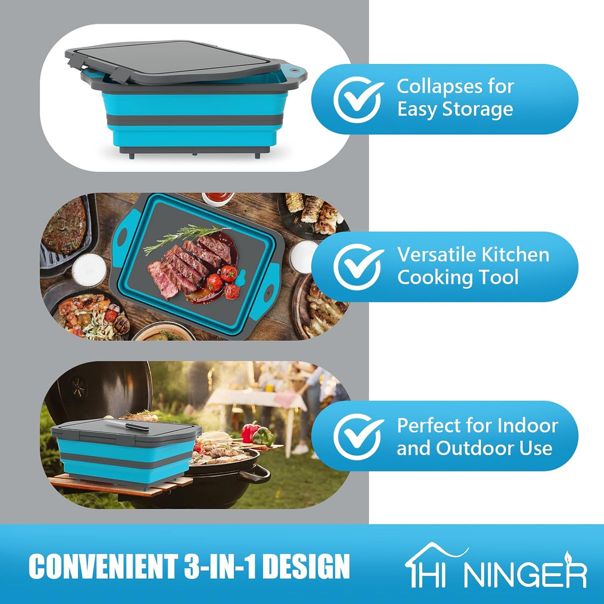 HI NINGER BBQ Prep Tub with Lid, Collapsible Camping Sink with Colander