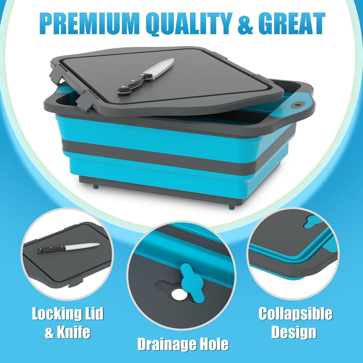 HI NINGER BBQ Prep Tub with Lid, Collapsible Camping Sink with Colander