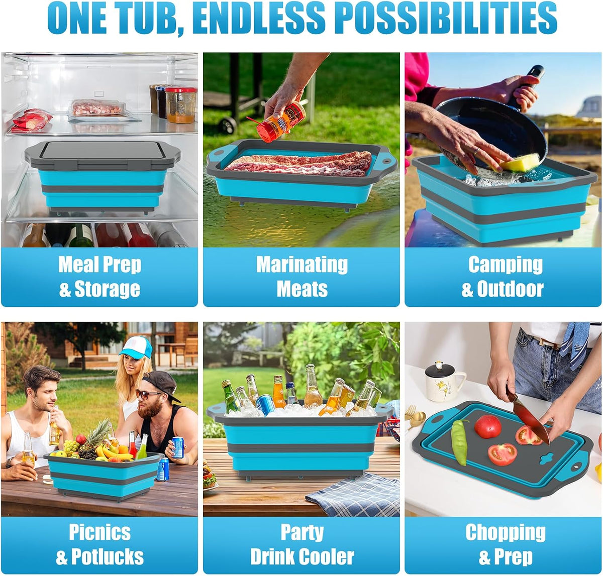 HI NINGER BBQ Prep Tub with Lid, Collapsible Camping Sink with Colander
