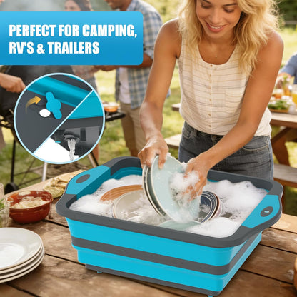 HI NINGER BBQ Prep Tub with Lid, Collapsible Camping Sink with Colander