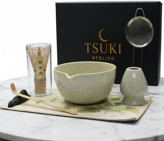 7 Pcs Matcha Whisk Set – Matcha Kit - Ceramic Bowl, Bamboo Whisk & Holder, Scoop, Sifter, Scoop Rest & Tea Towel – Elegant Matcha Kit for Tea Lovers, Home Decor & Zen Spaces (Green)