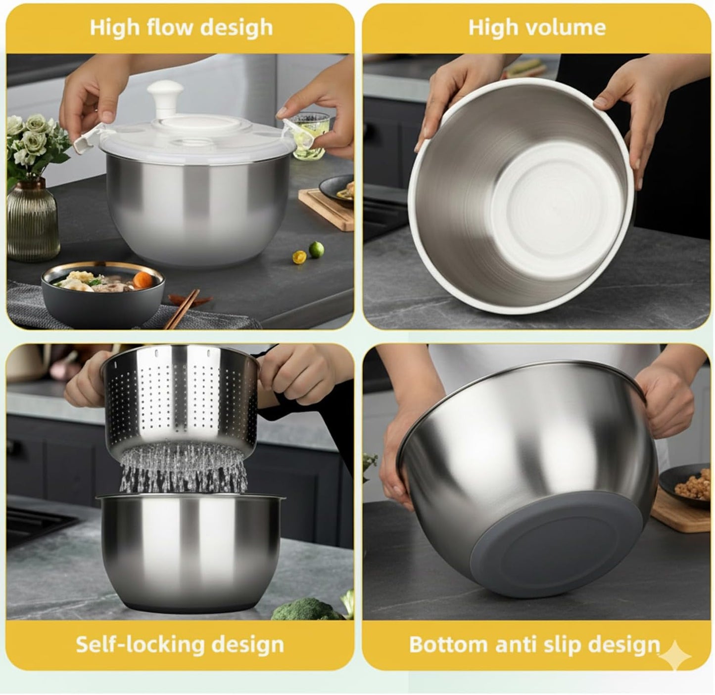 6L-Stainless Steel Salad Rotator, Non-Slip Base, Vegetable Dishwasher, Multi-Use Lettuce Spinner, Kitchen Strainers.
