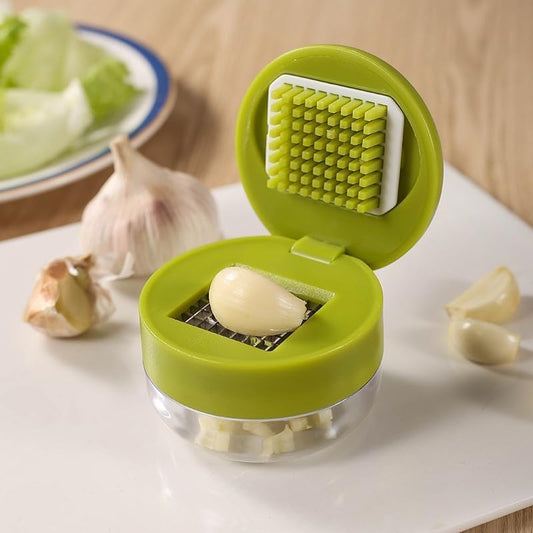 Mini Garlic Chopper and Press with Container, Manual Garlic Mincer Crusher Cutter Grinder, Stainless Steel Blades, Handheld Garlic Slicer Dicer Zoom Tool – Green
